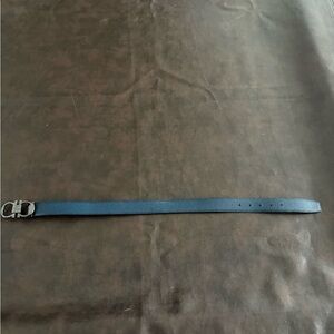 Salvatore Ferragamo Navy Leather Men's Belt with Silver Double Gancini Buckle